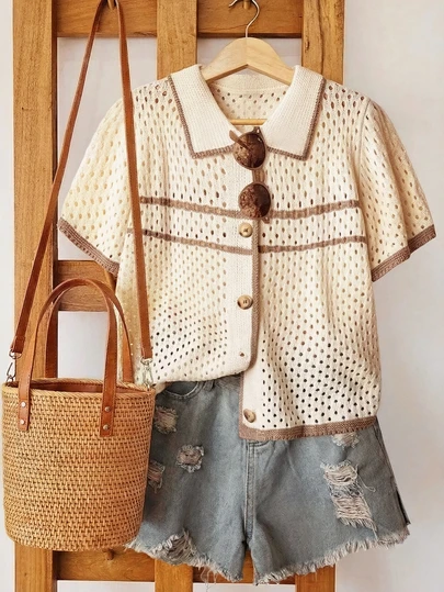 Cream Crochet Blouse, Short Sleeve Knit Sweater, Stand Collar Shirt, Hollow-Out Detail, Women's Knit Top, Summer Knit Top, Casual Knit Sweater, Front Button Sweater, Breathable Knit Top, Short Sleeve Blouse