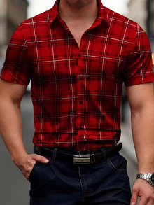 Men's Red Plaid Print Short Sleeve Button-Down Shirt, Casual Slim Fit Summer Holiday Shirt - Red - View 1