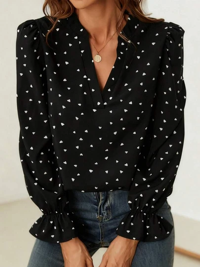 Plus Size Women's Cute Polka Dot Stand Collar Top, Puff Sleeve Ruffle Chiffon Blouse, Gentle Date Shirt For Spring