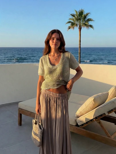 Blusa de punto de unicolor con cuello redondo y manga corta, casual, para el hogar o la playa