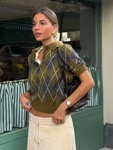 2026 Women's Spring/Summer New Rhombus Pattern Breathable Polo Collar Short Sleeve Knit Top - Multicolor - View 3