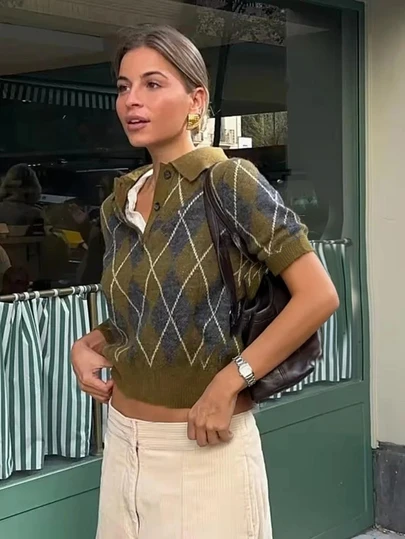 SEREN Women's Summer New Knitwear Top, Casual, Loose, Resort, Retro, Notched Lapel Knit Top, Short Sleeve Top, Houndstooth Color Block Top, Summer Top, Summer Outfit, Short Sleeve Knit Top, Women's Summer Sweater, Summer Short Sleeve Top, Green Top, Summer Casual Wear, Commute Top,Pullover Top