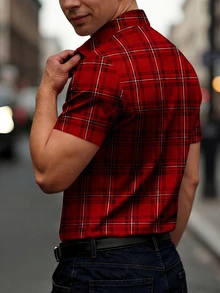 Men's Red Plaid Print Short Sleeve Button-Down Shirt, Casual Slim Fit Summer Holiday Shirt - Red - View 2