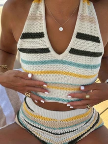 Apperloth A 波西米亚彩虹条纹V领露背钩针编织短款背心和紧身短裤，女士沙滩度假夏季两件套 - 黃色 - 查看 1