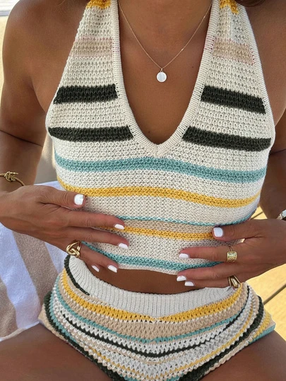 Apperloth A Bohemian Rainbow Striped V-Neck Backless Crochet Cropped Tank Top And Bodycon Shorts, Women Beach Vacation Summer 2-Piece Set