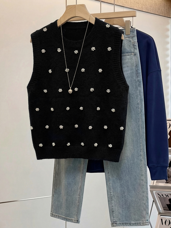 女士优雅衬衫，女士珍珠细节针织毛衣，圆领无袖背心，简约衬衫