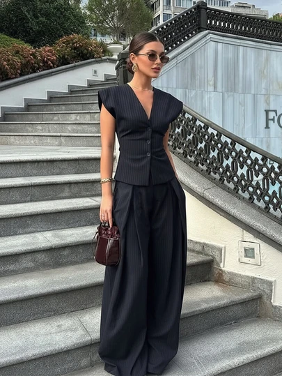 Set de 2 piezas Elegante y Chic para Mujer, Blazer de Cuello en V sin Mangas a Rayas y Conjunto de Pantalones Anchos Plisados