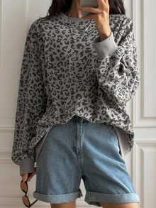Plus Size Women Leopard Print Sweatshirt, Casual Pullover Long Sleeve Top, Autumn/Winter - 灰色 - 查看 2