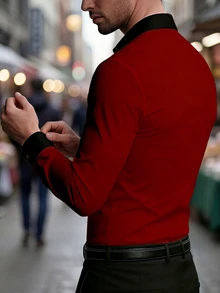 Men's Slim Fit Red & Black Contrast Collar Long Sleeve Casual Shirt, Suitable For Daily Wear And Parties - Red - View 2