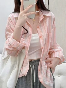 YUXIN 新品上市！透气舒适的粉色条纹女式衬衫。宽松版型，翻领长袖设计，可单穿或作为内搭。适合春夏穿着，通勤和休闲购物皆宜。女士衣橱必备单品，圣诞节/万圣节完美之选！ - 粉色 - 查看 2
