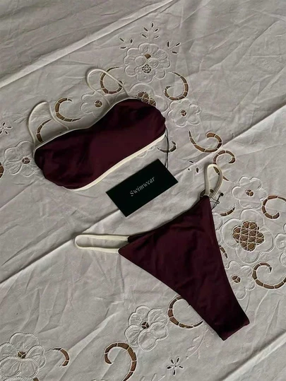 Women's Solid Color Sexy Burgundy Off-Shoulder Bikini Set, High Stretch Beach Holiday Summer Outfit