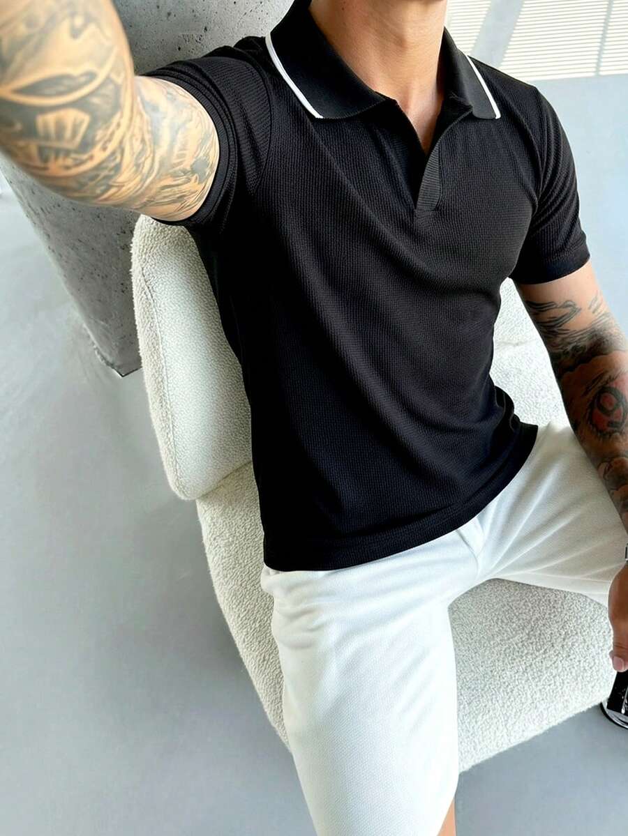 Men's Casual Simple Versatile Short Sleeve Polo Shirt, Spring/Summer - Black - View 1