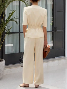 女士优雅两件套，V领收腰西装外套，阔腿口袋长裤套装，办公室/工作装 - 杏色 - 查看 5