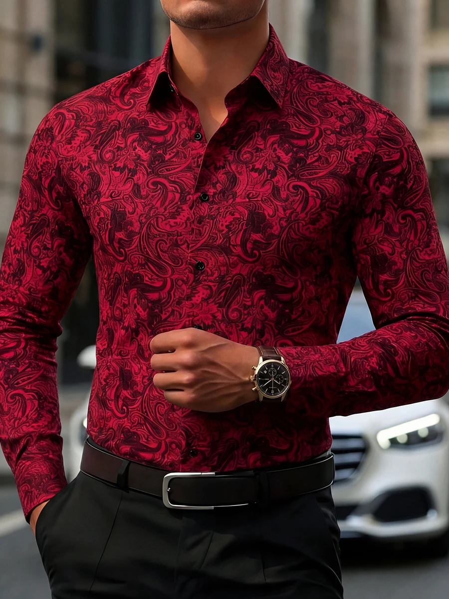 Camisa de manga larga ajustada con estampado jacquard burdeos para hombre - Rojo - Ver 1