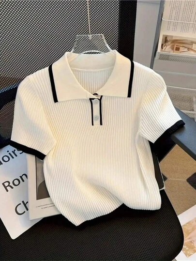 New Summer Polo Collar Short Sleeve Button Contrast Color Knit Cropped Top For Women