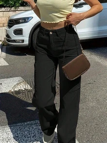 Pantalones cargo de pierna recta de unicolor casual - Negro - Ver 2