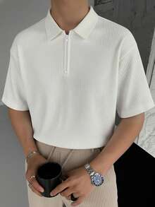 男士休闲纯色短袖 Polo 衫，优质 T 恤 - 白色 - 查看 3