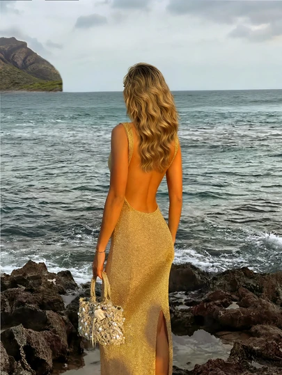 FOR BEAUTY 女士春夏新款针织连衣裙，杏色纯色圆领露背开衩连衣裙，优雅海滩度假风，休闲假日装扮，镂空设计，优雅派对连衣裙，女士海滩装，女士夏季装。