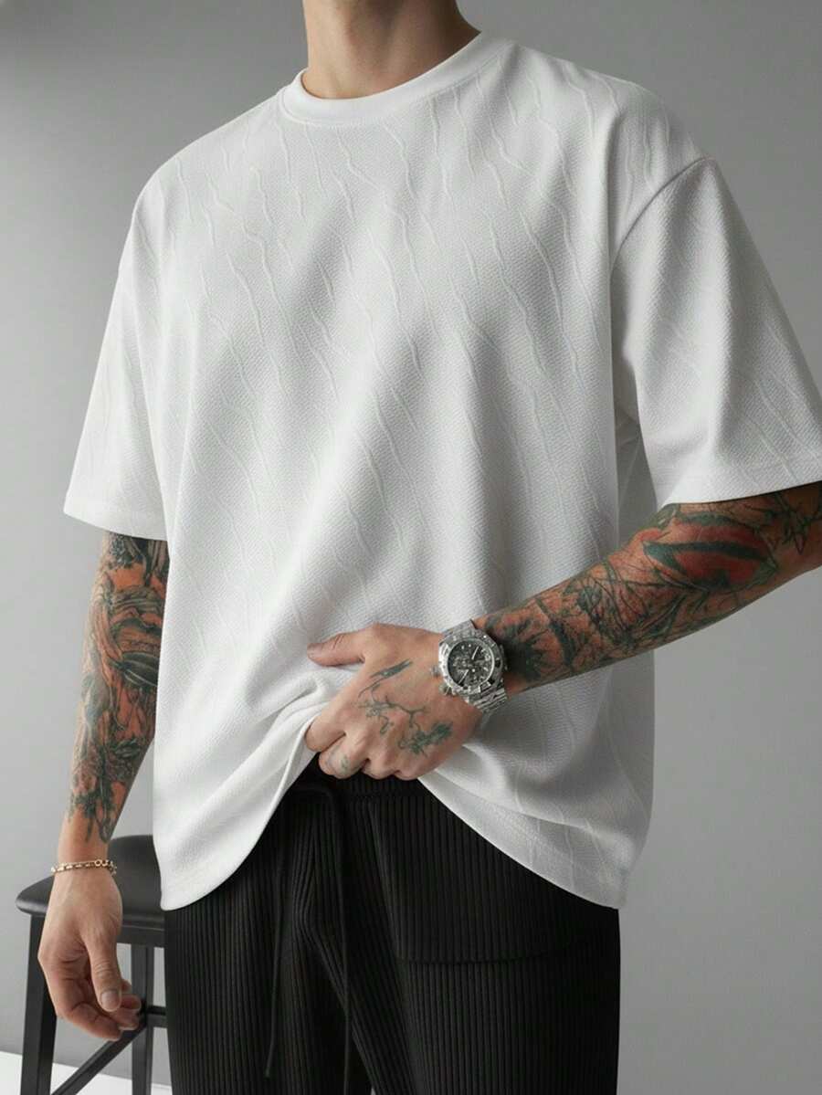2025夏季男士纹理针织短袖圆领T恤 - 白色 - 查看 1