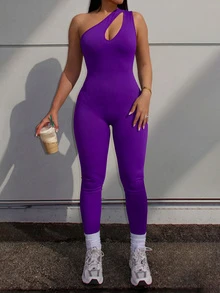Summer Fashion Solid Color Hollow Out Spaghetti Strap Bodycon Jumpsuit Elegant - Purple - View 2