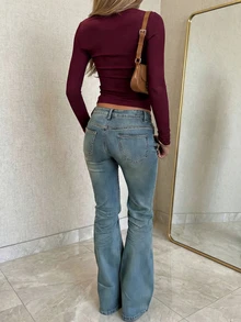 YUMINOW Women's Retro Minimalist Elastic Fitted Flare Jeans, Y2K Style Casual Denim Pants - Blue - View 2