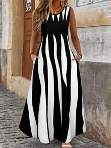 大码女士优雅休闲几何印花连衣裙，适合办公室、派对、婚礼、度假、春季穿着；女士无袖口袋夏季连衣裙 - 黑與白 - 查看 1