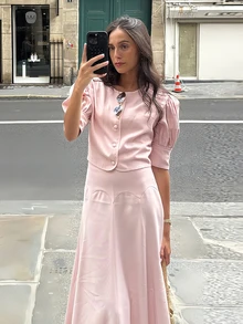 Women's Elegant 2 Pieces Set, Round Neck Puff Sleeve Cropped Top Paired With Maxi Skirt, Casual Bohemian Style, Summer - Pink - View 2