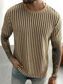 男士纹理休闲简约百搭短袖T恤 - 卡其色 - 查看 1