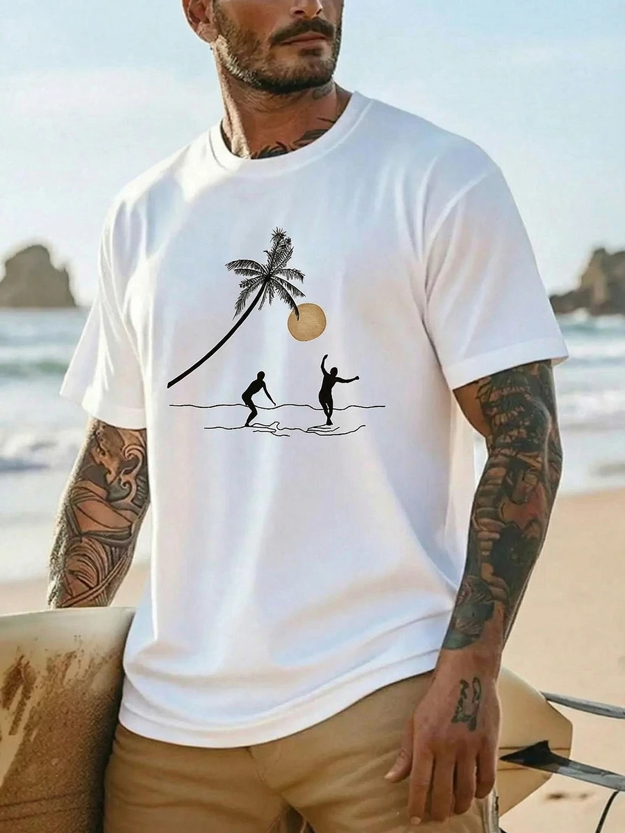 Camiseta de manga corta holgada, casual y versátil con estampado de moda para hombres | Diseño exquisito | Esencial de verano | Combinación elegante que muestra tu estilo - Blanco - Ver 1