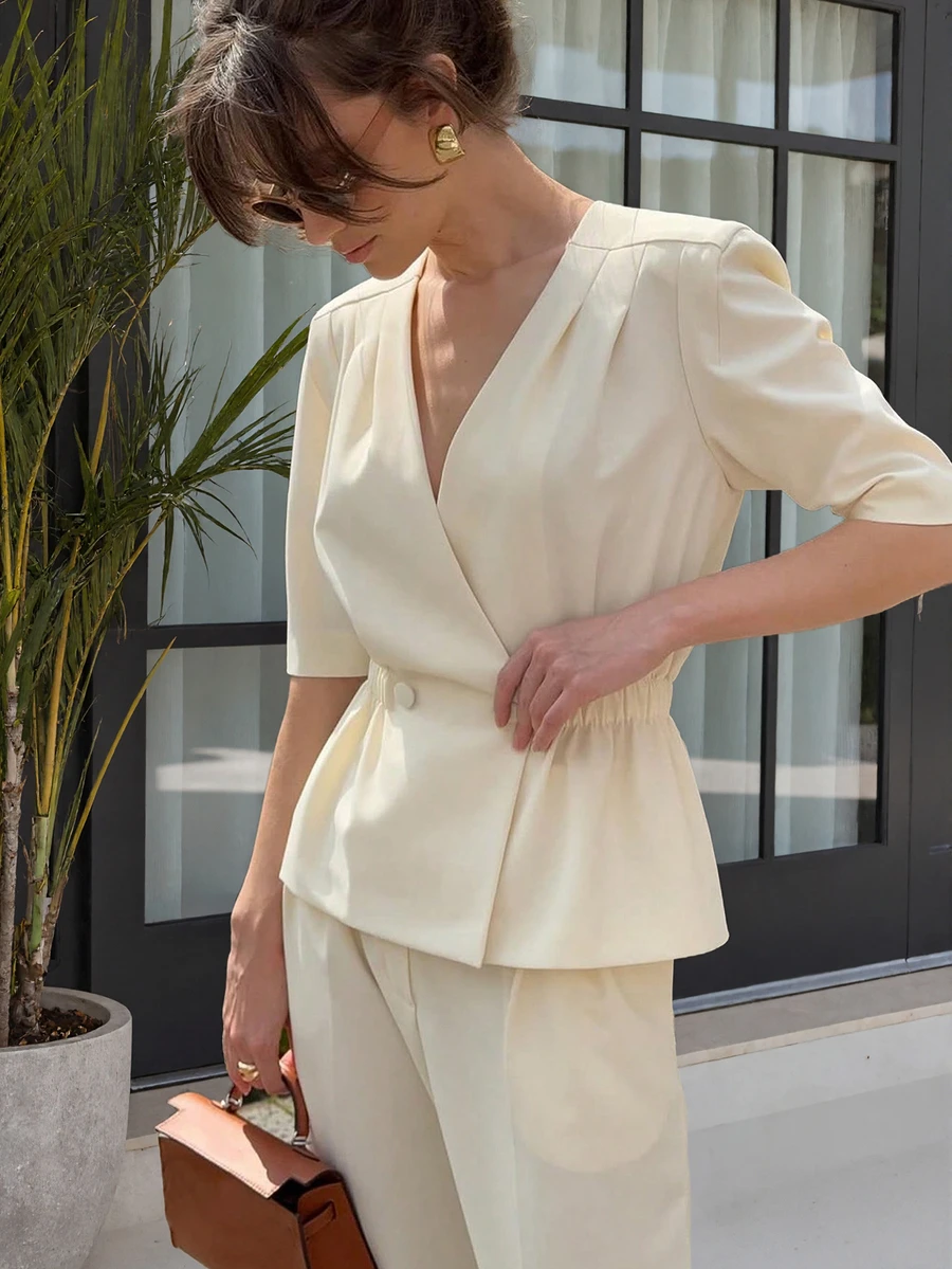 Conjunto elegante de 2 piezas para mujer, blazer con cuello en V y cintura ceñida, pantalones de pierna ancha con bolsillos, atuendo de oficina/trabajo para verano - Albaricoque - Ver 1