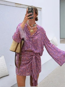 Women's Casual Bohemian Style Elegant 2-Piece Set, Shirt Collar Top Paired With Tie-Up Midi Skirt, Suitable For Summer Vacation And Beach Outfit - Lilac Purple - View 2