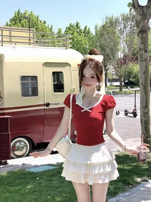 New Spring/Summer Skin-Friendly Modal Fitted T-Shirt With Contrast Bow Tie Detail, Flattering Red Top - Red - View 2