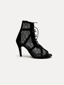 TuEzra 女士高跟露趾镂空网面靴，时尚舞蹈靴，罗马风格凉鞋，优雅黑色系带高跟凉鞋 - 黑色 - 查看 2