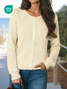 Women's Soft Round Neck Single-Breasted Loose Knit Cardigan - Apricot - View 3