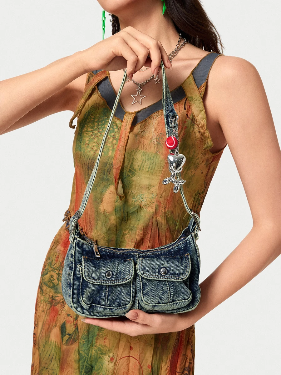 DareSee 时尚复古女士单肩包，高品质腋下包，休闲手提包，带配饰，牛仔布材质 - 彩色 - 查看 1