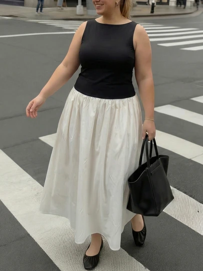 Vestido de chaleco sin mangas con cuello redondo y parches de contraste para mujer