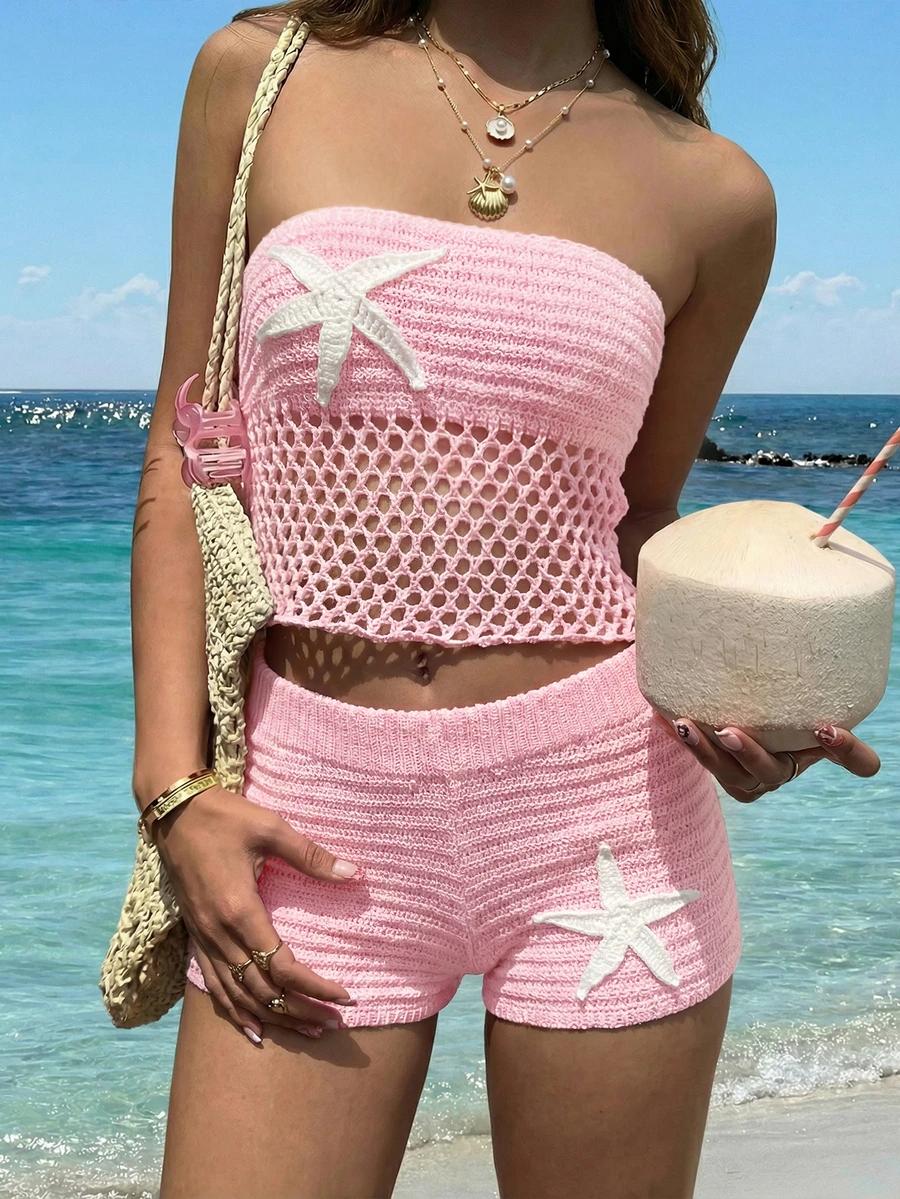 2026新款韩版性感镂空针织吊带背心短裤两件套，适合海滩度假夏季穿着