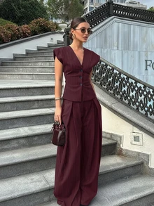 Women's Fashionable And Elegant 2-Piece Outfit, Sleeveless V-Neck Striped Blazer Top And Pleated Wide-Leg Pants Set, Summer Vacation - Burgundy - View 1
