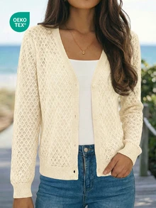 Women's Soft Round Neck Single-Breasted Loose Knit Cardigan - Apricot - View 2