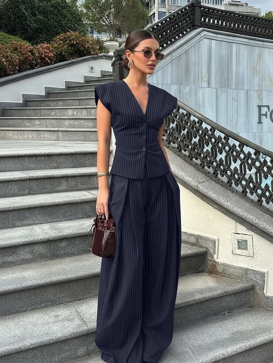 Women's Fashionable And Elegant 2-Piece Outfit, Sleeveless V-Neck Striped Blazer Top And Pleated Wide-Leg Pants Set, Summer Vacation - Navy Blue - View 1