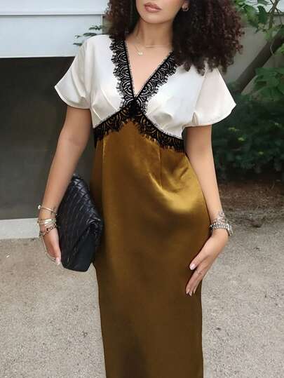 Elegant Commuter Color Block Lace Trim Dress