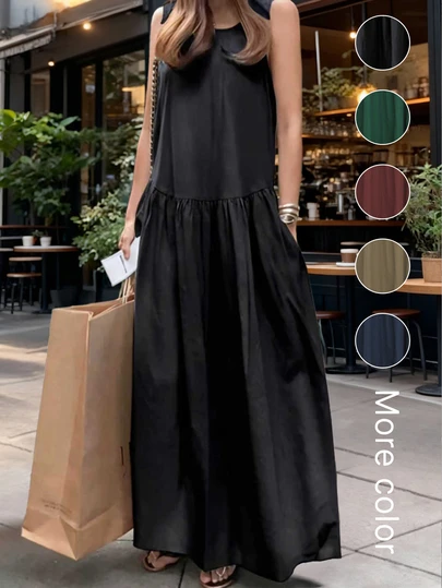 春夏休闲圆领无袖宽松纯色长款连衣裙，长袖开衫，时尚撞色设计，外套，返校穿搭，美式长款衬衫，教师装，通勤装，极简主义，办公装，复古风，简约风，法式风，秋季复古上衣，保暖，教师毛衣，V领，长袖，女士休闲长袖上衣，约会装，海滩装