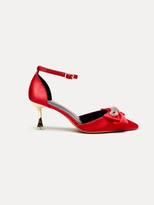 TuEzra 秋冬女士尖头红色水钻蝴蝶结高跟鞋，可调节裸色绑带镂空细高跟，时尚舒适，优雅高跟，适合派对、舞会、俱乐部、日常穿着、婚礼、教堂、办公室、街头、情人节约会等场合，天使气质，优雅猫跟 - 紅色 - 查看 2