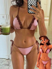 Sultry Sol Đồ bơi bikini nữ, họa tiết sọc chấm bi giản dị, màu nâu, thời trang cho các buổi đi chơi/tập thể dục/thường ngày/phong cách Y2K/những năm 2000/thanh lịch/cổ điển/thời trang đường phố/kỳ nghỉ/lễ hội âm nhạc/tiệc bể bơi, mùa hè 2026. - nâu hồng - Xem 4