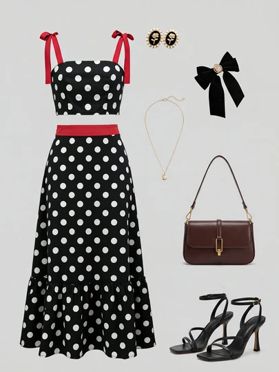 Black & White Polka Dot Woven Poplin Set – 2pcs Crop Top + Maxi Skirt, Red Bow Shoulder Straps & Waistband, Square Neck, Tied Back, Tiered Ruffle Hem, Fitted Silhouette, Lightweight Breathable Fabric – Perfect For Summer Parties, Date Nights & Beach Vacations – Retro, Feminine & Eye - Catching