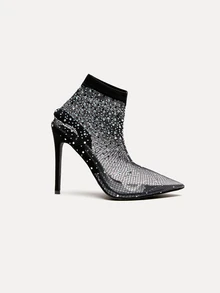 TuEzra Pointed Toe High Heel Rhinestone Mesh Women's Sandals For Party - Black - View 2