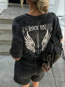 夏季新款极简时尚音乐节吉他天使翅膀摇滚印花休闲圆领扎染短袖T恤，百搭时尚女式上衣，黑色 - 黑色 - 查看 1