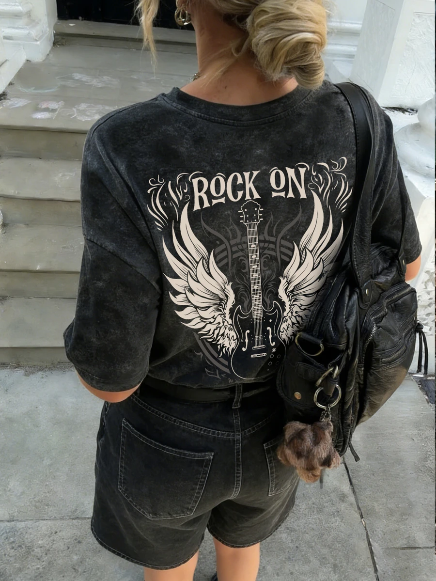 夏季新款极简时尚音乐节吉他天使翅膀摇滚印花休闲圆领扎染短袖T恤，百搭时尚女式上衣，黑色 - 黑色 - 查看 1