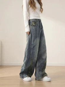 YUMINOW 女士休闲水洗牛仔阔腿裤，豹纹拼接设计，长款无弹力宽松裤型 - 藍色 - 查看 2