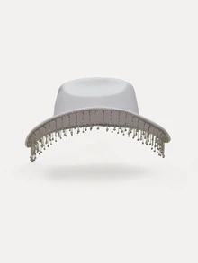 TuEzra 1pc Women's Solid Color Sparkling Crown, Fringe, Faux Rhinestone Embellished Western Cowboy Hat, For Casual Wear, Party, Wedding, Festival Halloween - Multicolor - View 6